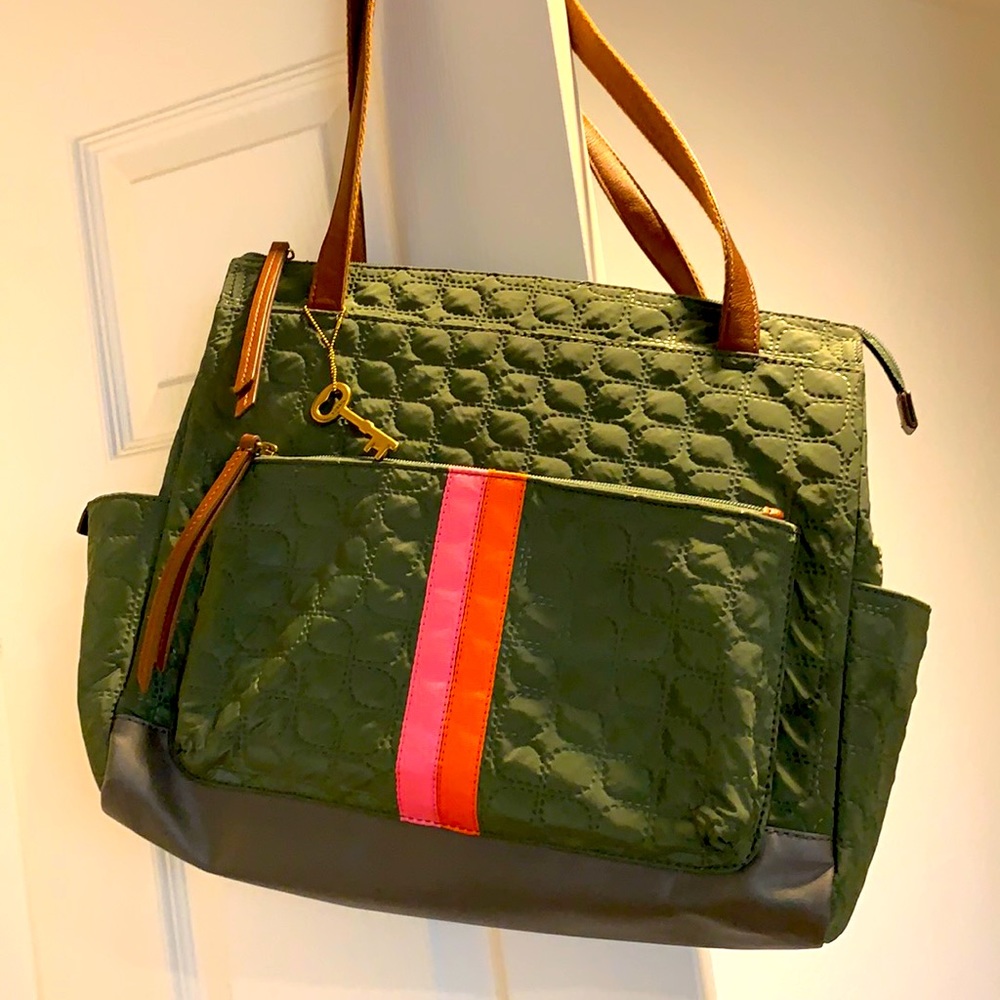 Ladies Handbag, olive green with multiple pockets